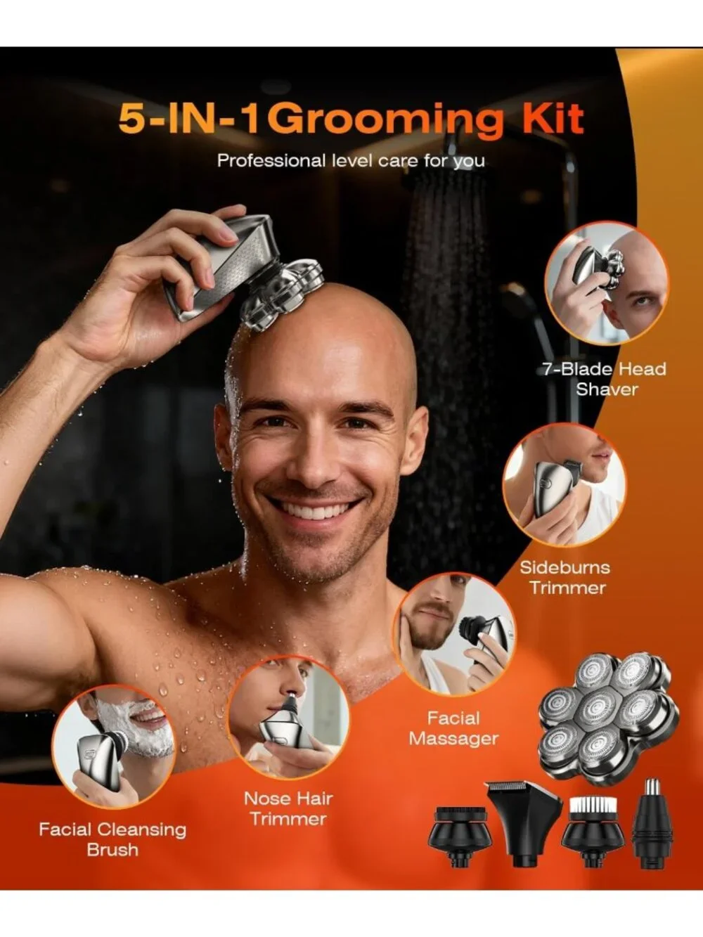 Waterproof 7D Electric Head Shaver for Bald Men, 5-in-1 Grooming Kit
